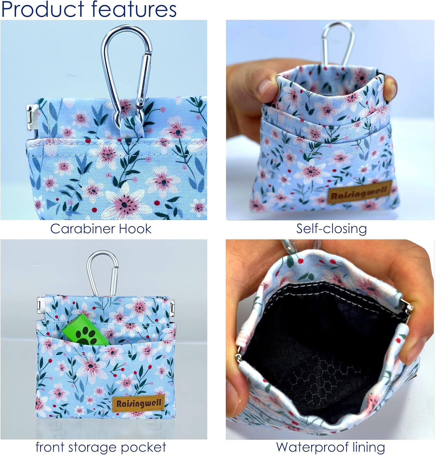 Dog Treat Pouch, Small Cotton Pocket Sized Training Holder, Hand Free Walking Fanny Bag with Carabiner, Self-Closing Pet Feed Snack Reward, Behavior Aids for Puppy Travel or Outdoor Use