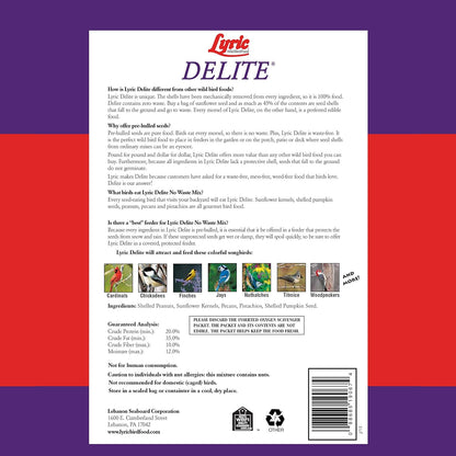 Lyric Delite Wild Bird Seed - No Waste Bird Food Mix with Shell-Free Nuts & Seeds - Attracts Buntings, Chickadees & Finches - 5 lb bag