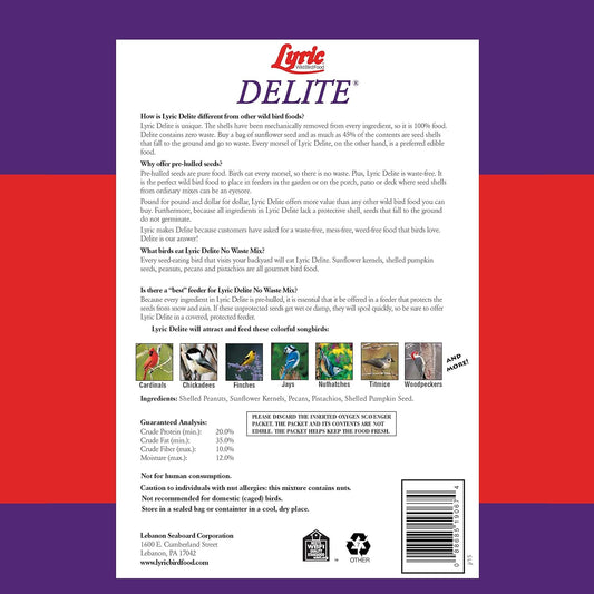 Lyric Delite Wild Bird Seed - No Waste Bird Food Mix with Shell-Free Nuts & Seeds - Attracts Buntings, Chickadees & Finches - 5 lb bag
