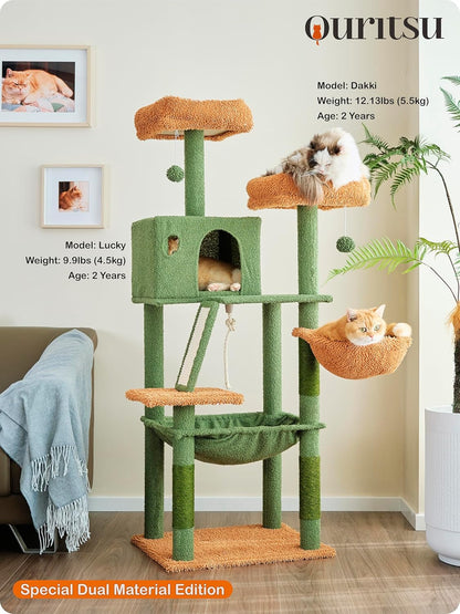 Ouritsu Cat Tree, 56 inch Tall Cat Tower for Large Cat Indoor, Large Condo, 2 Padded Perches, Steel-Framed Hammock, Scratching Post and ramp, Fluffy Basket, Green, LF001GB