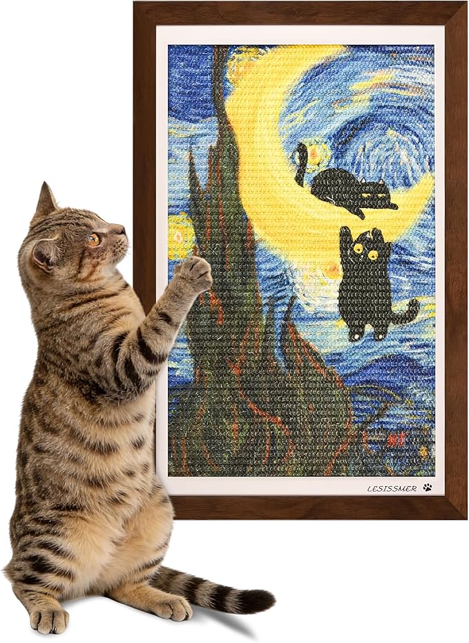 Wall Art Cat Scratcher Sisal Mat, No-Drill Wall Mounted Cat Scratch Pad with Frame, 13.8 x 21.7 Inch Cat Wall Scratchers for Indoor Cats（Starry Night）