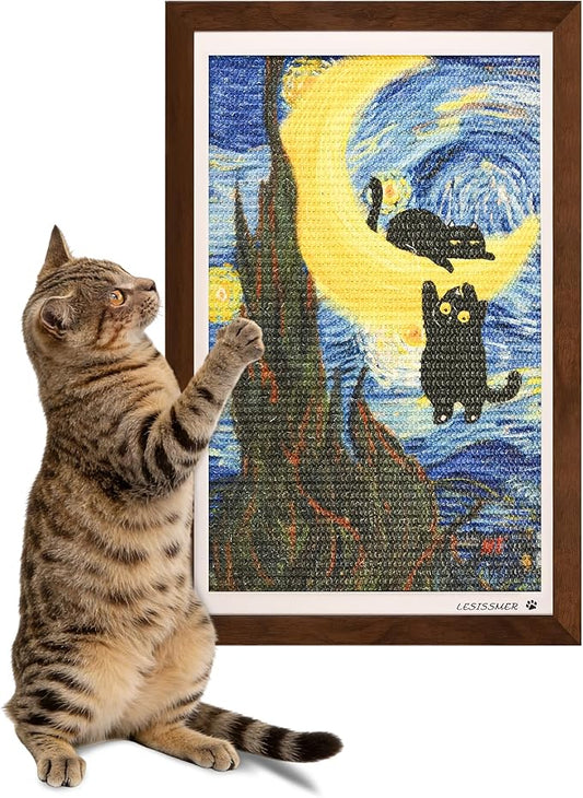 Wall Art Cat Scratcher Sisal Mat, No-Drill Wall Mounted Cat Scratch Pad with Frame, 13.8 x 21.7 Inch Cat Wall Scratchers for Indoor Cats（Starry Night）