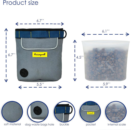 Dog Treat Pouch for Pet Walking and Training with Clicker 2 Cup Silicone Bag Small Fanny Pack Holder for Puppy Snack Dispenser Kit for Leash and Outdoor Use (Gray)