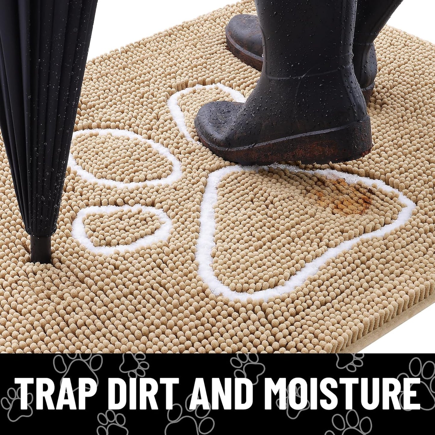 Smiry Dog Door Mat for Muddy Paws, Absorbent Dirt Trapper Non Slip Quick Dry Washable Chenille Mat for Mud Dogs, Entry Rug for Indoor and Outdoor (59x35 Inches, Beige)
