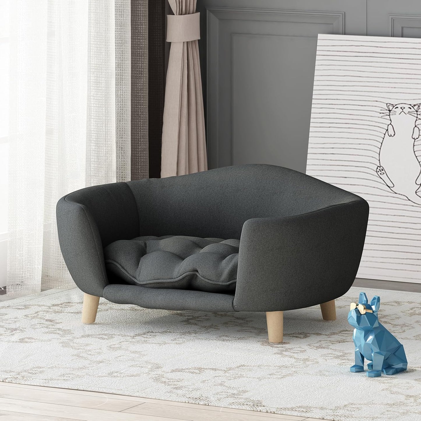 Christopher Knight Home Elroy Orthopedic Dog Bed, Elevated Dog Sofa Bed for Small Dog, Supportive Foam Pet Couch Bed with Wooden Legs, Modern Pet Sofa Bed, Dark Gray