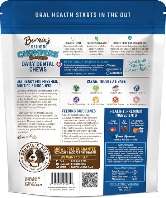 Bernie's Charming Chompers - Daily Dental Chews for Dogs 26-50 Lbs. - 18 Count - Cleans Teeth, Freshens Breath, + Boosts Oral-Gut Microbiome. Easy to Digest, Supports Healthy Digestion Naturally
