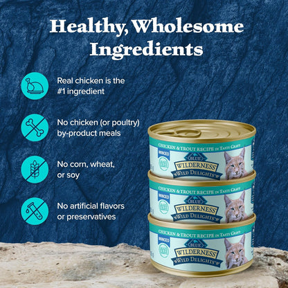 Blue Buffalo Wilderness Wild Delights Minced Wet Cat Food, High-Protein & Grain-Free, Made with Natural Ingredients, Chicken & Trout Recipe in Tasty Gravy, 5.5-oz. Cans (24 Count)