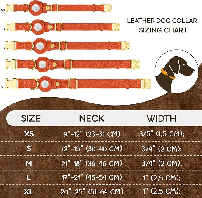 Leather Airtag Dog Collar - Soft Tracking Dog Collar with Apple AirTag Holder and Metal Buckle - Safety GPS Pet Collars for Small Medium Large Dogs Puppy Pink Red (Orange, S, 12"-15" Neck Fit)