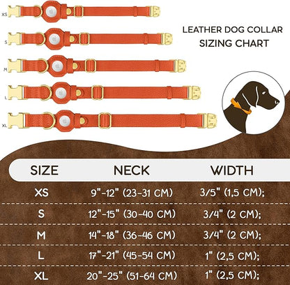Leather Airtag Dog Collar - Soft Tracking Dog Collar with Apple AirTag Holder and Metal Buckle - Safety GPS Pet Collars for Small Medium Large Dogs Puppy Pink Red (Orange, S, 12"-15" Neck Fit)