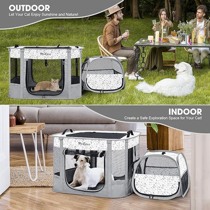 Portable Cat Playpen with Litter Box, Cat Enclosure for Camping, Cat Recovery Playpen After Surgery, Foldable Indoor Outdoor Pet Tent for Cats Rabbits Puppies (Light Gray)