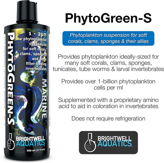 Brightwell Aquatics PhytoGreen S - Phytoplankton Suspension for Soft Corals, Clams, Sponges & Other Filter-Feeders, 500 ml
