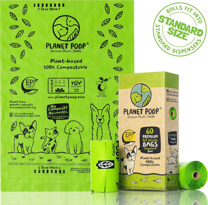 PLANET POOP Home Compostable Dog Poop Bags on Refill Rolls, 60 Un-Scented Pet Waste Bags, Thick Leakproof Plant-Based Doggy Bag, Cat & Dogs Supplies