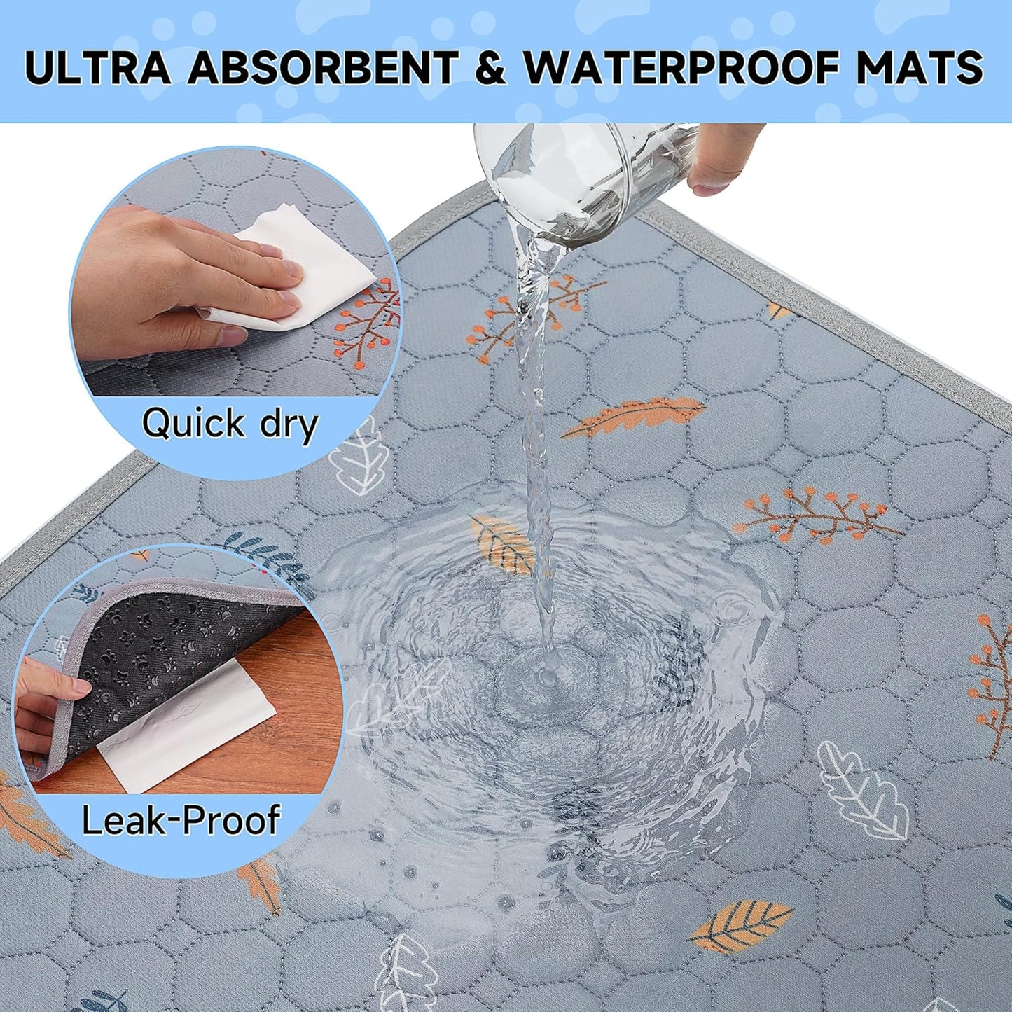 Sunheir Washable Pee Mats for Dogs - Large 48" x 48" 2-Pack Reusable Puppy Pads, Absorb Dog Mats, Whelping Pad, Non-Slip, Protects Urine Leakage (Light Grey, 48x48)