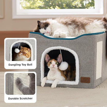 Bedsure Cat Beds for Indoor Cats - Large Cat Cave for Pet Cat House with Fluffy Ball Hanging and Scratch Pad, Foldable Cat Hideaway, 16.5x16.5x13 inches, Dark Grey