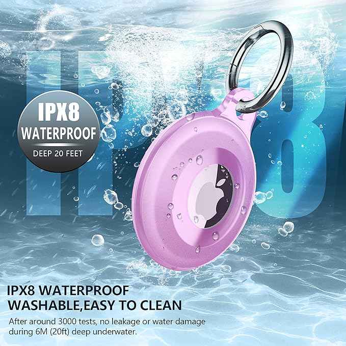 4 Pack IPX8 Waterproof Compatible with AirTag Keychain Holder Case, Lightweight, Anti-Scratch, Easy Installation,Soft Full-Body Shockproof for Luggage,Keys, Dog Collar (Pink/Clear/Red/Purple)
