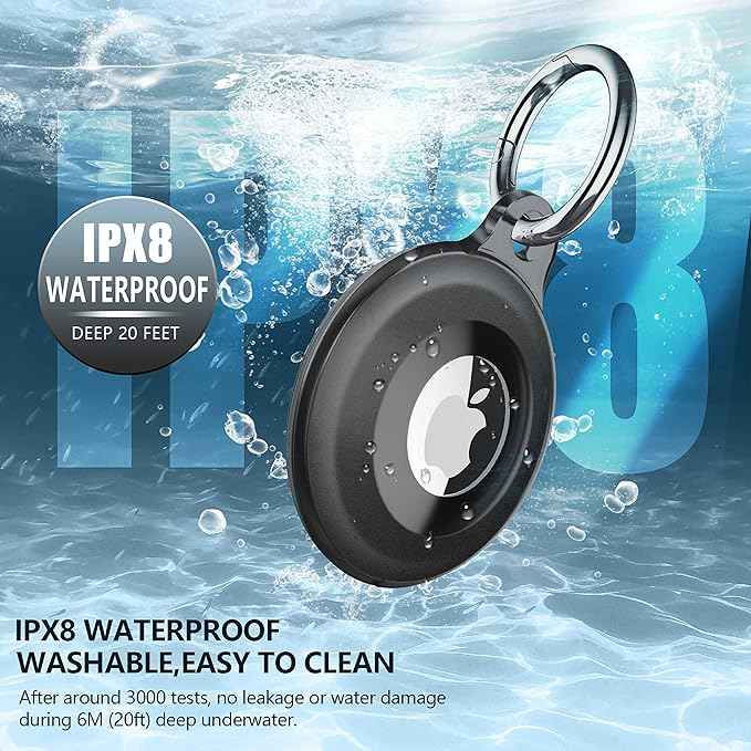 4 Pack IPX8 Waterproof Compatible with AirTag Keychain Holder Case, Lightweight, Anti-Scratch, Easy Installation,Soft Full-Body Shockproof for Luggage,Keys, Dog Collar(Black/Clear/Red/Green)