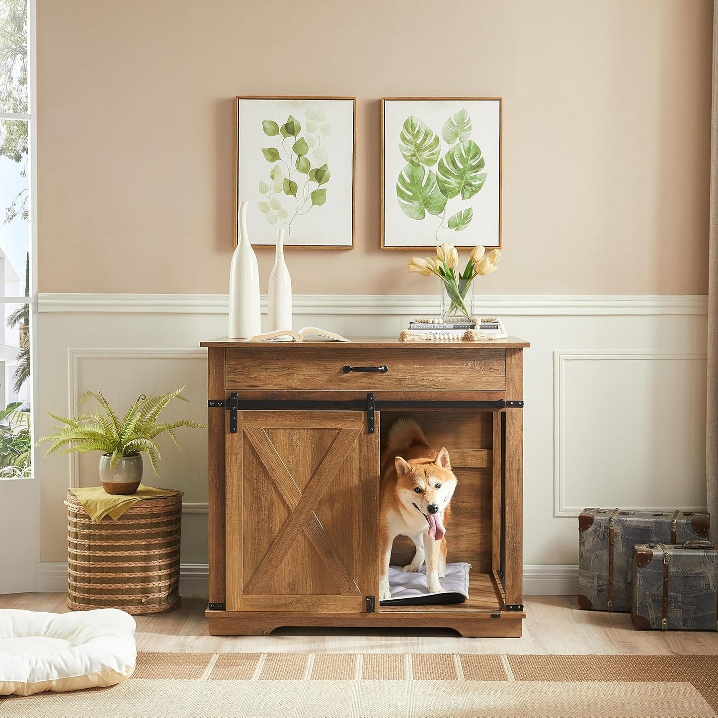 EDYO LIVING 38" Large Dog Crate Furniture with Sliding Barn Door, Wooden Dog Kennel with Drawer for Storage, Water Resistant Indoor Furniture Style Dog Crate for Small/Medium/Large Dog, Rustic Oak