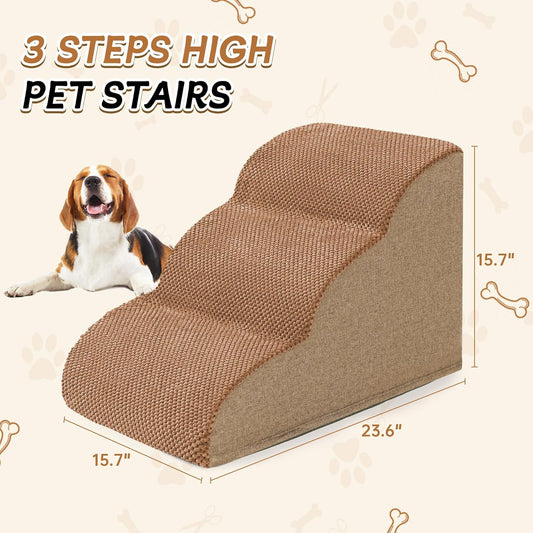 Romrol Dog Stairs Ramp for High Beds Couches, High Density Foam Pet Steps with Durable Non-Slip Waterproof Fabric Cover, Dog Stairs for Small Dogs or Cats or Pets, 3-Step,15 Inch,Light Brown - Pawvie