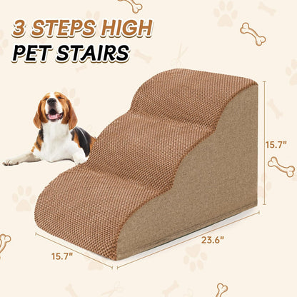Romrol Dog Stairs Ramp for High Beds Couches, High Density Foam Pet Steps with Durable Non-Slip Waterproof Fabric Cover, Dog Stairs for Small Dogs or Cats or Pets, 3-Step,15 Inch,Light Brown - Pawvie