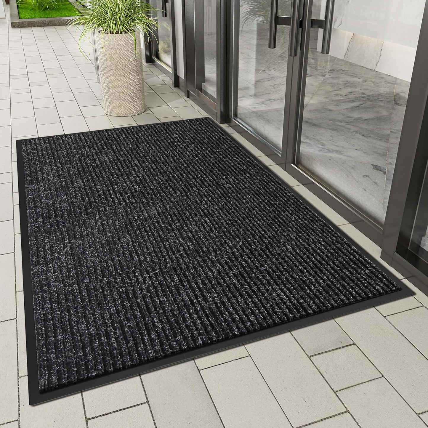 Indoor Outdoor Door Mat, 6' x 3' Doormat for Entryway, Rubber Backing Non Slip Front Door Mat Outside Entrance, Super Absorbent Commercial Floor Mat for Home Office, Black