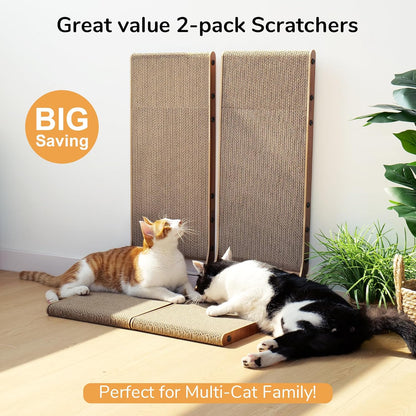 FUKUMARU Cat Scratcher, 26.8 Inch Cat Scratch Pad for Indoor Cats, L Shaped Cardboard Vertical Cats Scratching Board with Ball Toy, Walnut Color, 2 Packs