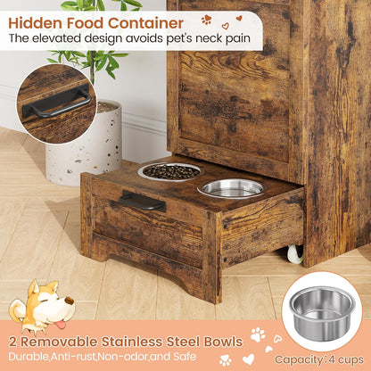 Dog Feeding Station with Storage - Large Capacity Dog Food Storage Cabinet with 2 Removable Stainless Steel Bowls, Flip Top Pet Food Container Toy Storage Organizer - Brown