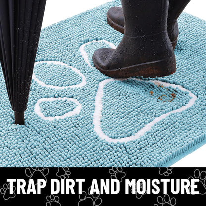 Smiry Dog Door Mat for Muddy Paws, Absorbent Dirt Trapper Non Slip Quick Dry Washable Chenille Mat for Mud Dogs, Entry Rug for Indoor and Outdoor (30x20 Inches, Sky Blue)