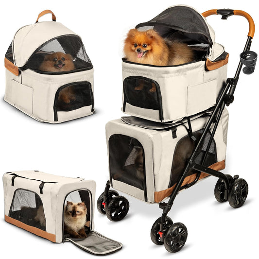Double Pet Stroller with Detachable Carriers - Ideal for 2 Dogs or Cats - Compact & Convenient Design - Easy Assembly Double Dog Stroller - Cosmic Beige - Pawvie