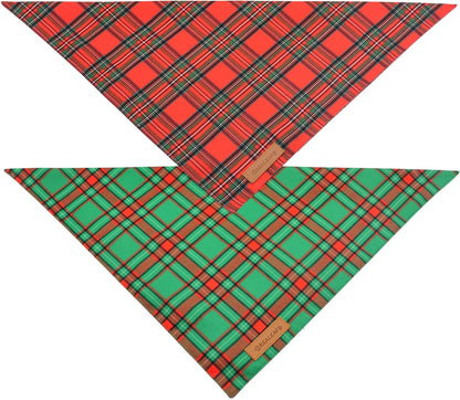 Realeaf Christmas Dog Bandanas 2 Pack, Reversible Red Green Plaid Dog Scarf, Xmas Pet Bandana for Boy and Girl, Premium Durable Fabric, Holiday Check Bandana for Small and Medium Dogs Pets (Small)