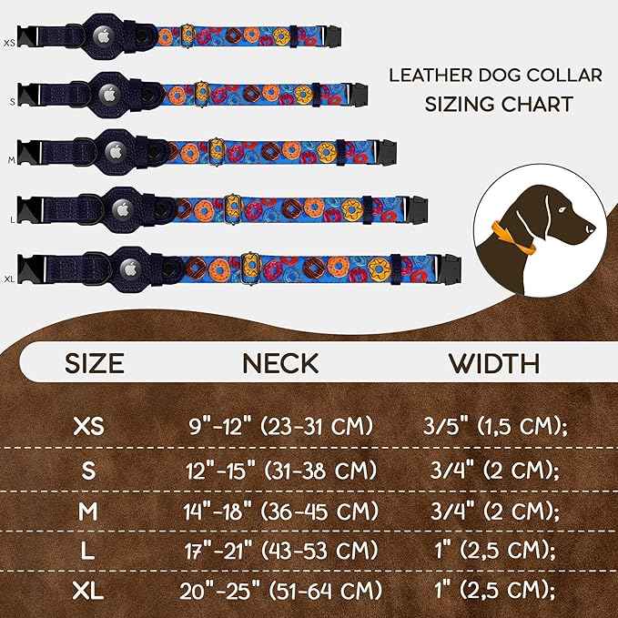 AirTag Dog Collar with Metal Buckle - Printed Nylon Soft Leather Dog Collar with Apple AirTag Holder - Secure Tracking GPS Pet Collars for Girl Boy Small Large Dogs (S, 12"-15" Neck Fit, Donuts)
