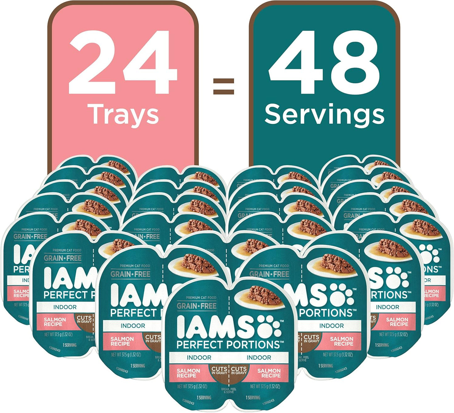 IAMS Perfect Portions Indoor Adult Wet Cat Food Cuts in Gravy, Salmon Recipe, 2.6 oz. Easy Peel Twin-Pack Trays (24 Count, 48 Servings)