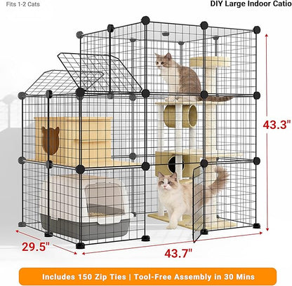 3-Tier DIY Indoor Cat Cage with Skylight, Accommodates Multiple Pets; Foldable Large Cat Cage Enclosure (with Litter Box Area); 43.7-Inch Metal Wire Cat Bed Habitat