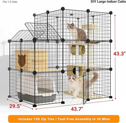 3-Tier DIY Indoor Cat Cage with Skylight, Accommodates Multiple Pets; Foldable Large Cat Cage Enclosure (with Litter Box Area); 43.7-Inch Metal Wire Cat Bed Habitat