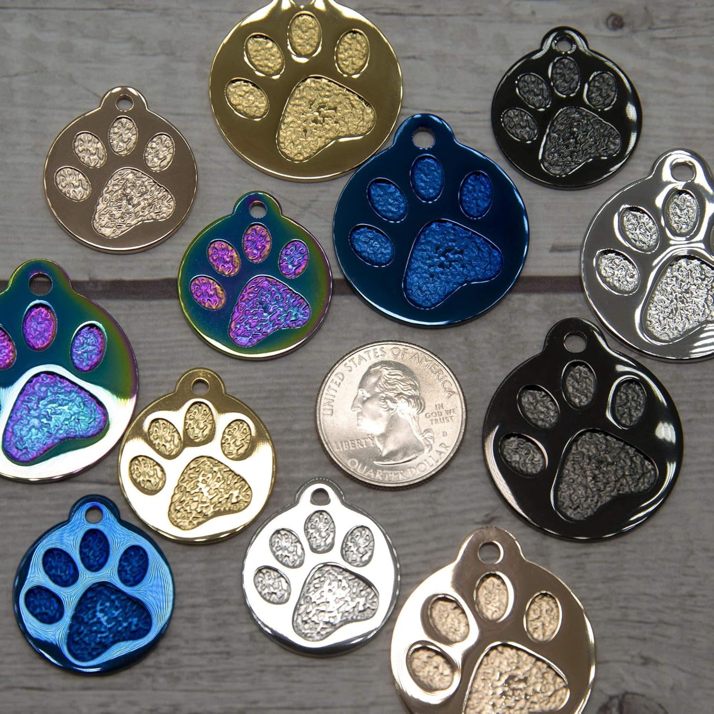 Engraved Pet Tag for Dogs and Cats - Personalized Front & Back up to 4 Lines of Text Custom Engraved ID, Round Paw Print Solid Plating Stainless Steel Gold Small