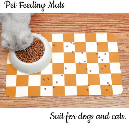 Ralxion Checkered Dog Feeding Mat, Absorbent Mats for Dog Food and Water Bowl, Dispenser, Aesthetic Purple Checkerboard Pet Placemat for Dogs, Cats, Puppy Accessories (Orange, 16 x 24)