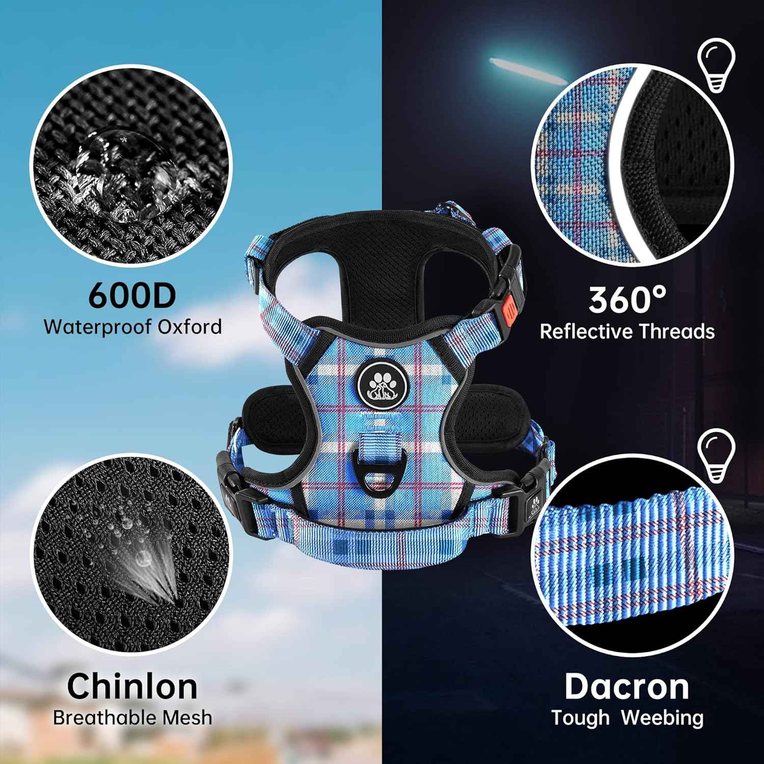 NESTROAD No Pull Dog Harness with Leash, Reflective No Choke Pet Vest Harness,Adjustable Soft Padded Dog Harness with Easy Control Handle for Small Dogs(Checkered Blue,Small)
