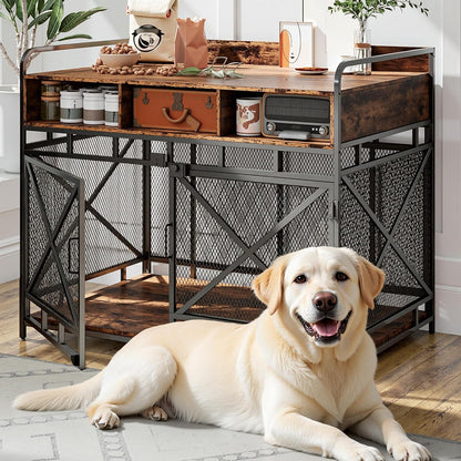 Dog Crate Furniture, 43" Heavy Duty Wooden Dog Crate End Table, XL Dog Kennel Furniture Large Breed, Decorative Dog Kenne Indoor with 3 Drawers & Steel Tubes 43" L x28 W x36 H (Rustic Brown)