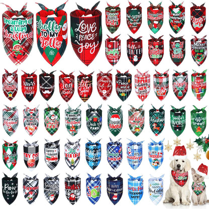 Abbylike 50 Pcs Dog Bandanas Bulk Pet Scarfs Triangle Bibs Adjustable Washable Puppy Kerchief Seasonal Pet Costume Accessories Grooming Supplies for Small Medium Large Dogs Cats(Christmas Plaid Dog)