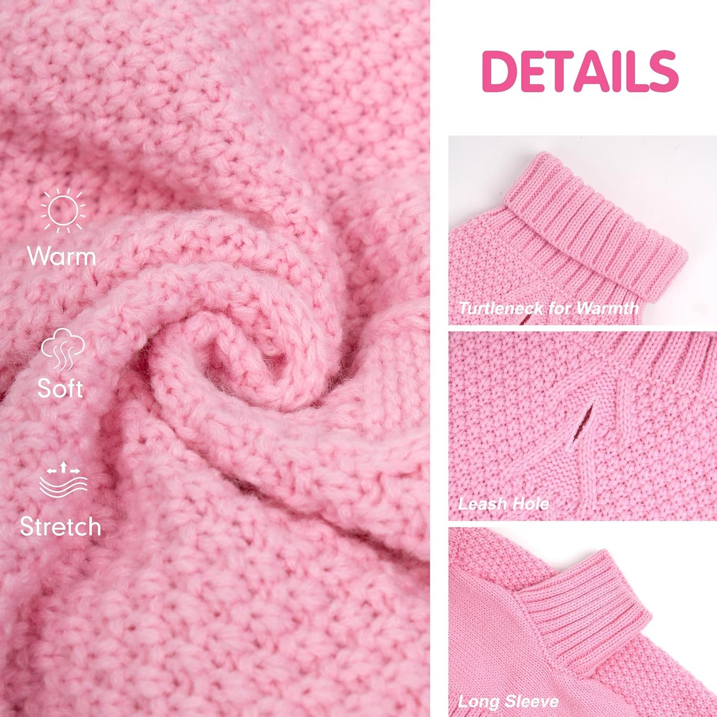 cyeollo Dog Sweater Knitwear Turtleneck Soft Knitwear Pullover Sweaters with Leash Hole Warm Dog Clothes for Large Dogs,Pink, XXXL