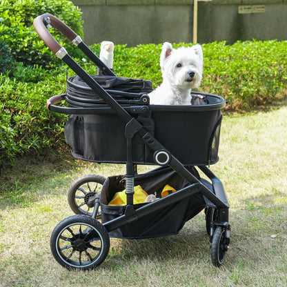 Pet Stroller with 4 Wheels, 3 IN 1 Folding Puppy Strollers for Small/Medium Dogs Cats up to 50lbs, Lightweight Pet Travel Carrier with Detachable Cushion, Storage Basket and Cup Holder, Black - Pawvie