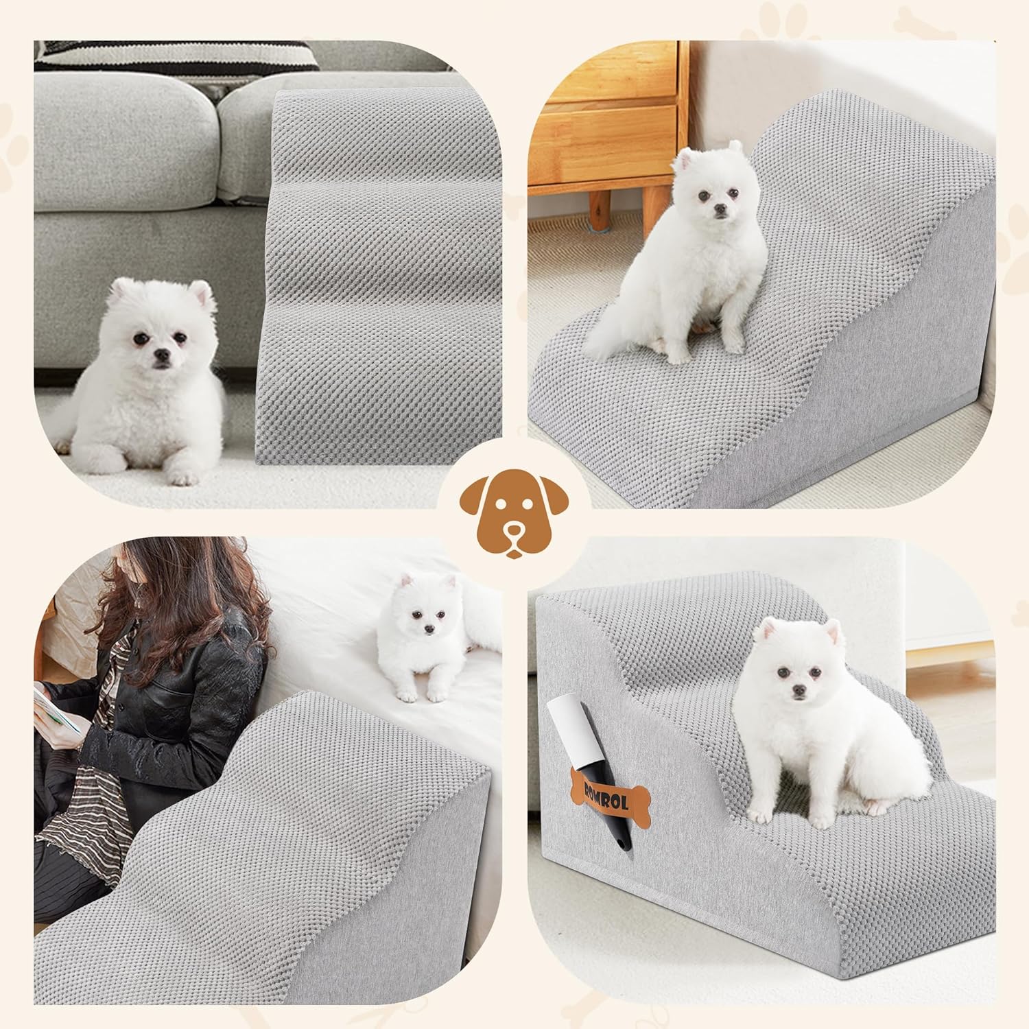 Romrol Dog Stairs Ramp for Beds Couches, Extra Wide Pet Steps with Durable Non-Slip Waterproof Fabric Cover, Dog Slope Stairs for Small Dogs and Cats or Pets Friendly, 3-Tiers, 13 Inch,Light Grey - Pawvie