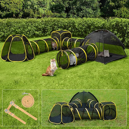 VIVOHOME 6-in-1 Outdoor Cat Enclosure with Playhouse, 2 Tents & 3 Tunnels - Portable Cat Playground with Leash and Mint Ball for Indoor/Outdoor Use, Yard Balcony Camping Safety