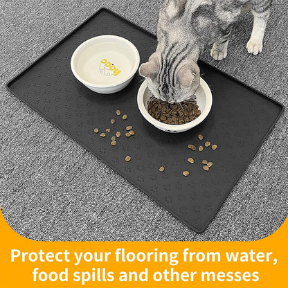 Ptlom Pet Placemat for Dog and Cat, Mat for Prevent Food and Water Overflow, Suitable for Small, Medium and Big Pet, 18" 12", Black, Silicone