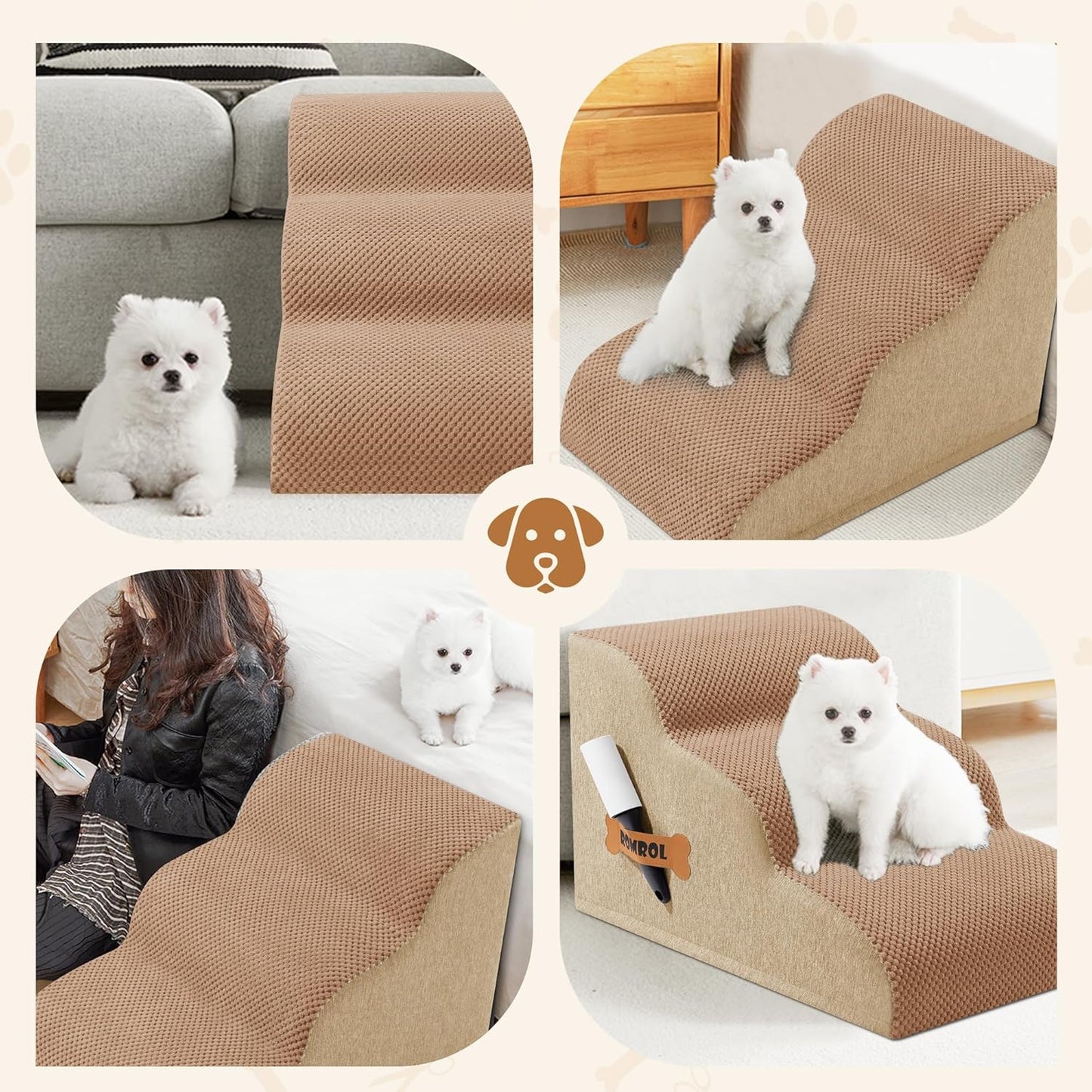 Romrol Dog Stairs Ramp for Beds Couches, Extra Wide Pet Steps with Durable Non-Slip Waterproof Fabric Cover, Dog Slope Stairs for Small Dogs and Cats or Pets Friendly, 3-Tiers, 13 Inch,Light Brown - Pawvie