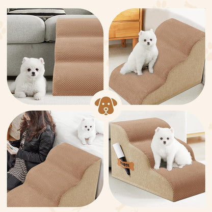 Romrol Dog Stairs Ramp for Beds Couches, Extra Wide Pet Steps with Durable Non-Slip Waterproof Fabric Cover, Dog Slope Stairs for Small Dogs and Cats or Pets Friendly, 3-Tiers, 13 Inch,Light Brown - Pawvie