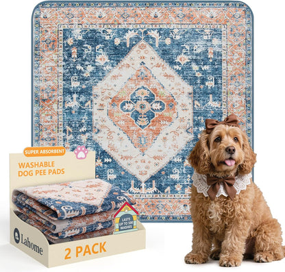 Lahome Super Absorbent Washable Pee Pads for Dogs - Secure Floor Protection - Non-Slip, Leakproof Reusable Pads for Training, Crates & Playpens (2 Pack, 36"x36", Beige Blue)