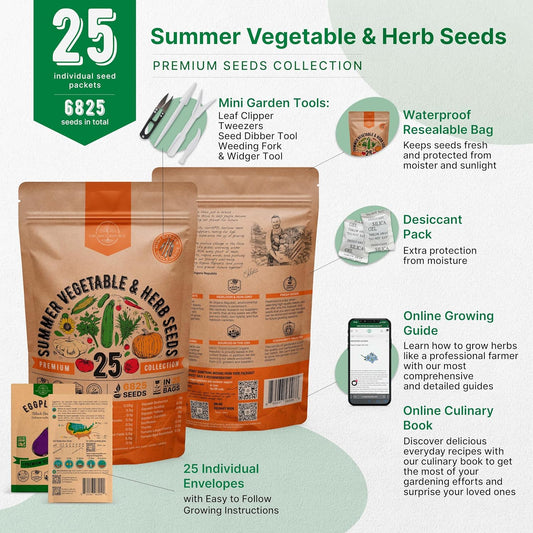 Organo Republic 25 Summer Vegetable & Herb Garden Seeds Variety Pack - 6,820+ Non-GMO Heirloom Veggie & Herb Seeds for Outdoors & Indoor Home Gardening: Tomato, Okra, Bean, Cucumber, Basil, Rosemary