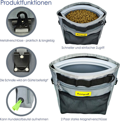 Dog Treat Pouch with Magnetic Closure 4-Cup Silicone Bag Fanny Pack Holder with Clicker 4 Ways to Wear Front Pocket Fits All Phones Ideal for Leash, Pet Walking and Training（Gray）