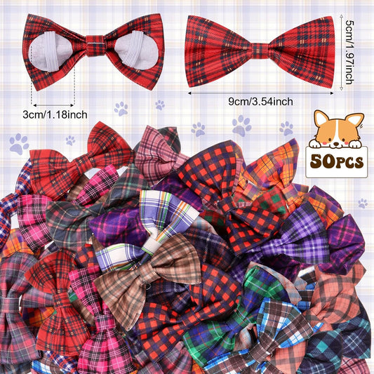 Reginary 50 Pieces Dog Bow Ties Pet Collar Bow Puppy Collar Attachment with Rubber Bands for Small Medium Cat Pet Grooming Charms Accessories Wedding Birthday Occasion(Plaid Style)