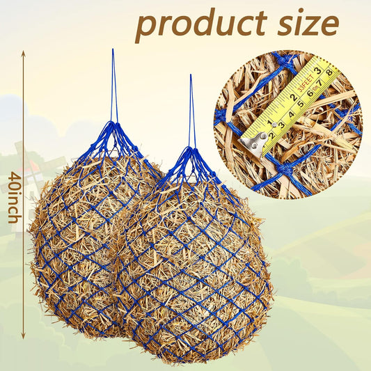 Fabbay 4 Pcs Slow Feed Hay Net Feeder Hay Bag for Horses Slow Feeder 40 Inch Length with 2 Inch Holes Hanging Horse Feed Net for Goat Cattle Equine Stalls Barn Supplies(Blue)